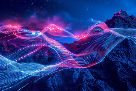 A drone with lights on it is flying over a mountain range. The sky is orange and the mountains are in the backgroundの素材