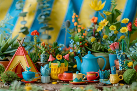 A colorful cup with a flower in it sits on a grassy field. The cup is surrounded by a variety of flowers, including yellow and pink ones. Concept of tranquility and natural beauty, as the cupの素材