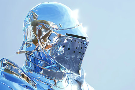A silver helmet with a shiny surface. The helmet is reflective and has a metallic appearance. The person wearing the helmet is standing in front of a blue skyの素材