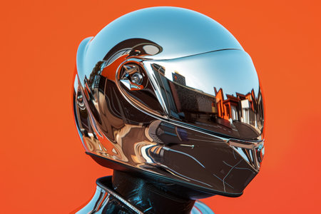 A silver helmet with a shiny surface. The helmet is reflective and has a metallic appearance. The person wearing the helmet is standing in front of a blue skyの素材