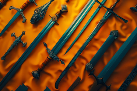 A collection of swords and a cross are displayed on a yellow background. The swords are of various sizes and styles, and the cross is positioned in the middle of the displayの素材