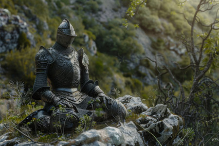 A knight in full armor sits on a rock overlooking a forest. The scene is peaceful and serene, with the knight looking out over the trees and mountains. Concept of adventure and explorationの素材