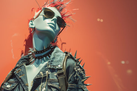 A display of mannequin clothing with a punk rock theme. The clothing is made of denim and features spikes and other accessories. The display is in a store window and includes mannequins dressed in the clothingの素材