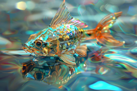 A fish is floating in a body of water with a rainbow-colored reflection. The fish is surrounded by a colorful, shimmering background that creates a sense of magic and wonderの素材