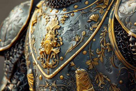 A knight in a metal helmet stands in front of a colorful curtain. The knight is wearing a metal suit of armor and he is looking at the cameraの素材