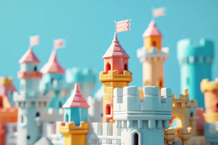 A colorful castle made of blocks is shown in the image. The blocks are arranged in a way that creates a sense of depth and dimensionの素材