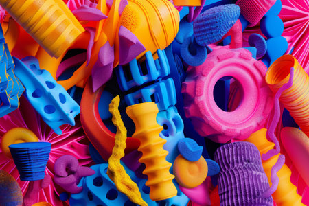 A colorful room with a blue and white floor and a yellow wall. The room is full of colorful objects and has a bright and cheerful atmosphereの素材