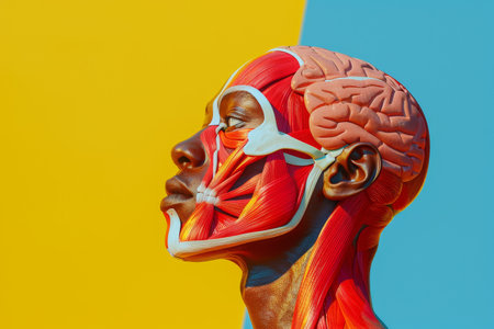 A muscular man stands in front of a bright colorful background. The man's muscles are on full display, and the orange background adds a sense of energy and intensity to the sceneの素材