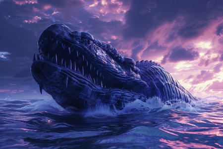 A large blue whale is swimming in the ocean. The sky is purple and the water is blueの素材