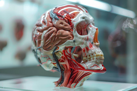 A model of a human head with a skull and brain inside of a clear plastic containerの素材