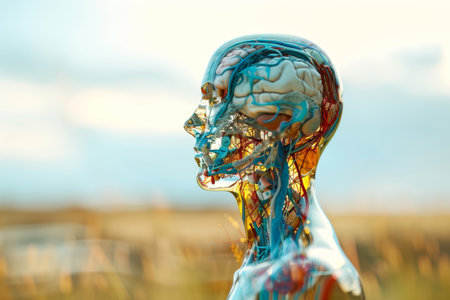 A close up of a human face with the muscles and veins clearly visible. Concept of realism and detail, showcasing the intricacies of the human bodyの素材