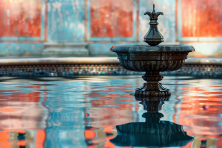 A large fountain with water shooting out of it. The water is reflecting the sunlight and creating a peaceful atmosphereの素材