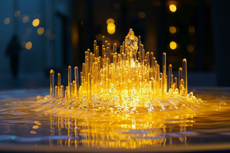 A large fountain with a gold colored water spout. The water is reflecting the light from the surrounding area, creating a beautiful and serene atmosphereの素材