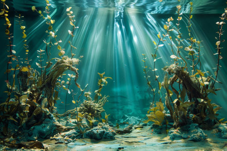 A serene underwater scene with a lot of green plants and a few fish. Scene is peaceful and calmingの素材