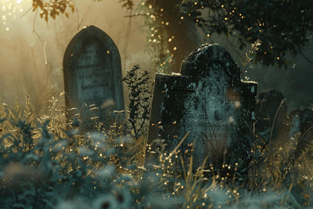 A cemetery with a headstone and a mossy grave marker. The headstone is surrounded by green grass and leaves, giving the scene a peaceful and serene atmosphereの素材