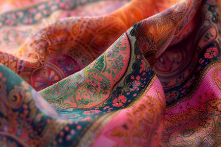 A colorful piece of fabric with a floral pattern. The colors are bright and the design is intricateの素材