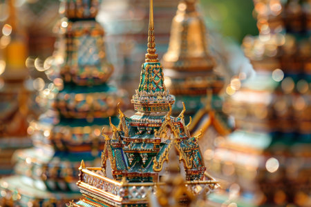 The image is of a large, ornate building with gold pillars . The gold pillars are arranged in a row, and the blue ceiling is adorned with intricate designs. Scene is one of grandeurの素材