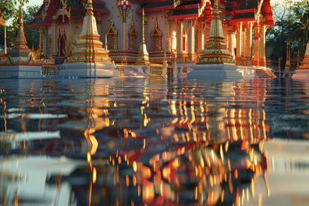 A small building with gold trim is lit up at night. The building is surrounded by trees and has a lot of light coming from it. Scene is warm and invitingの素材