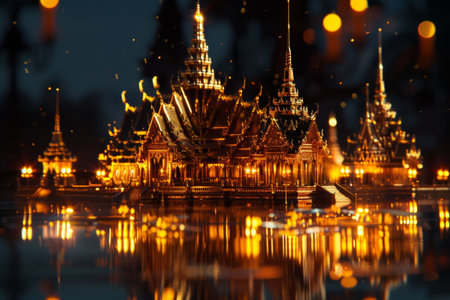 A beautiful golden building with a lot of gold decorations and a lot of lights. The building is surrounded by water and the lights reflect on the waterの素材