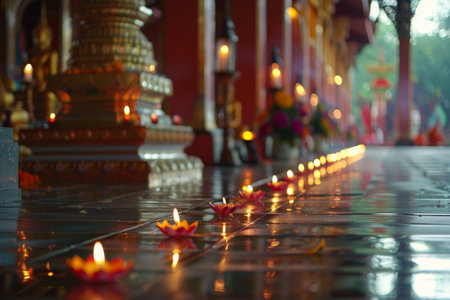 A row of candles are lit in a templeの素材