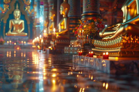 A row of candles are lit in a templeの素材