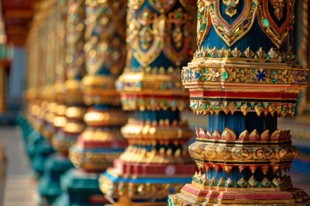 The image is of a large, ornate building with gold pillars . The gold pillars are arranged in a row, and the blue ceiling is adorned with intricate designs. Scene is one of grandeurの素材