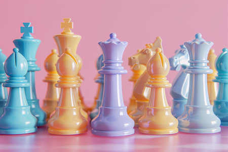 A row of chess pieces are arranged on a colorful background. The pieces are of different colors and sizes, with some being larger than others. The arrangement of the pieces creates a sense of orderの素材
