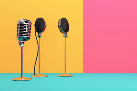 A microphone with a gold colorful is sitting on a bright colorful background. The microphone is blue and orange, and it is the main focus of the imageの素材
