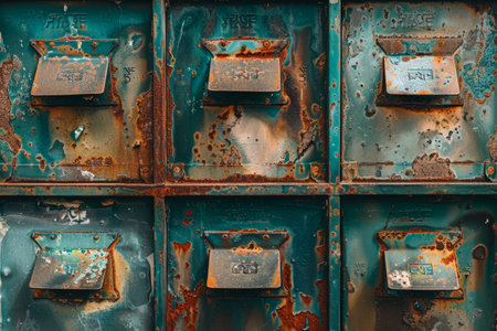 A row of old metal boxes with rusted hinges. The boxes are green and appear to be from the past. Scene is nostalgic and somewhat melancholic, as the old boxes evoke a sense of historyの素材