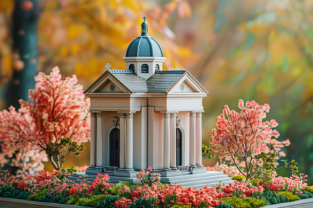 A model of a castle with gold accents and a gold roof. The castle is on a table and is surrounded by a lot of windowsの素材