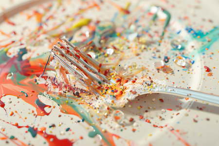 A plate of food is covered in crumbs and debris, with a few pieces of carrot scattered around. The plate is on a white surface, and the overall mood of the image is one of messiness and disarrayの素材