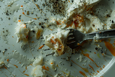 A plate of food is covered in crumbs and debris, with a few pieces of carrot scattered around. The plate is on a white surface, and the overall mood of the image is one of messiness and disarrayの素材