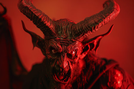 A devil with horns on his head is standing in front of a background. The man has a demonic appearance and is wearing a black jacketの素材