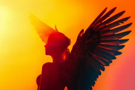 A woman is depicted as an angel with wings, standing in front of a large orange sun. Concept of peace and serenity, as the woman is at rest and the sun is setting in the backgroundの素材