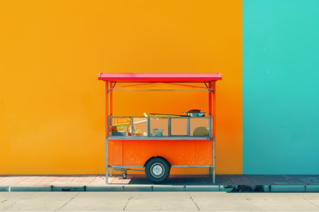 a Cart selling street food and fruit on a bright colored backgroundの素材