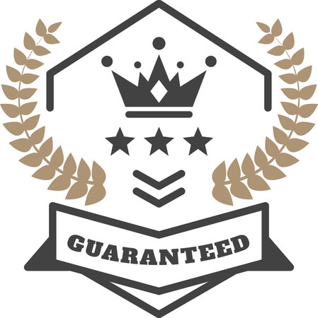 A logo with a crown and stars that says "Guaranteed". The logo is black and whiteのイラスト素材