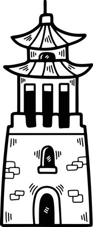a Old architectural buildings in Chinese or Japanese style Hand drawn in line style.のイラスト素材