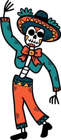 A skeleton dressed in a sombrero and pants is dancing. The skeleton is wearing a black and white outfitのイラスト素材