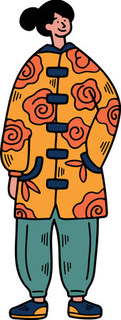 the Illustration of characters in Chinese or Japanese style clothing. Hand drawn in line styleのイラスト素材