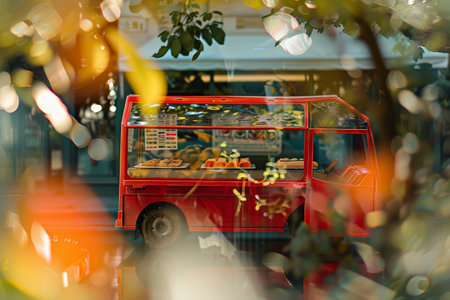 A colorful cart with a white canopy is selling vegetables on a sidewalk. The cart is surrounded by potted plants and a potted plant is on the sidewalkの素材