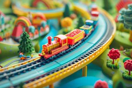The Colorful model trains in an amusement park In the style of children's toy modelsの素材