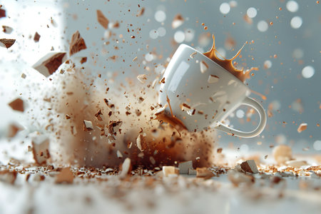 The Explosive hot coffee mugs on colorful backgroundの素材