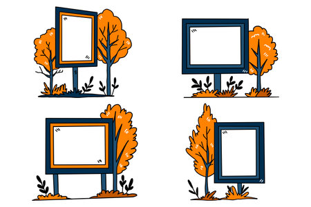 Four signs with trees and grass in the background. The first sign is a square with a white background and a black borderのイラスト素材