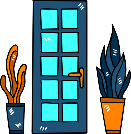 A door with a window and a picture on the wall. The door is white and has a window above it. There are two potted plants on either side of the doorのイラスト素材