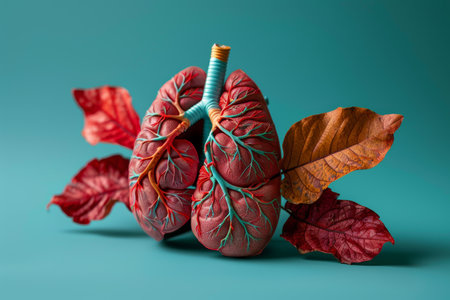 A lung is surrounded by leaves and branches. The lung is red and has a stem. Concept of the importance of the lungs and the connection between the human body and natureの素材