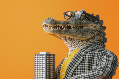 A cartoon crocodile wearing glasses and a suit holding a building. The image has a playful and whimsical moodの素材