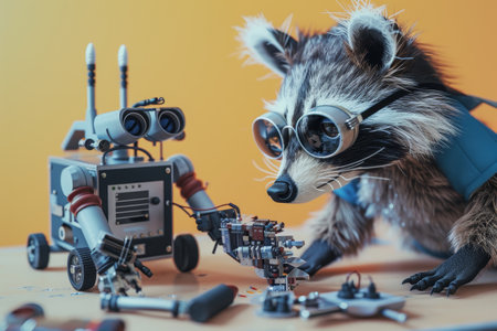 A raccoon is wearing sunglasses and working on a robot. The scene is playful and whimsical, with the raccoon taking on a human-like role in the process of building the robotの素材