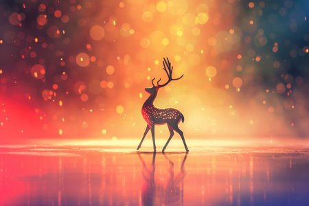 A deer is jumping in the air with its antlers showing. The image has a bright and colorful feel to it, with the pink background and the vibrant colors of the deer. The deer appears to be in a playfulの素材