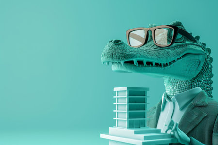 A cartoon crocodile wearing glasses and a suit holding a building. The image has a playful and whimsical moodの素材