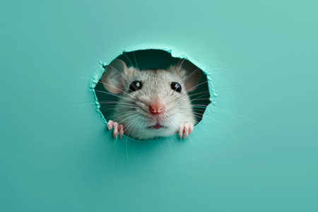 A small mouse is peeking out of a hole in a wall. The mouse is looking up at the camera, and the hole is large enough for the mouse to fit through. Concept of curiosity and playfulnessの素材